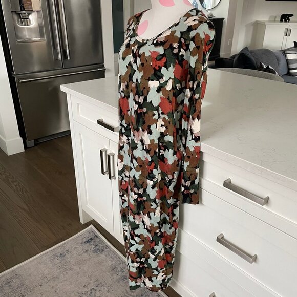 Abstract Floral Scoop Nk Lg Slv Midi (mid calf) Rayon Spandex Dress Multi Sz M - Picture 3 of 9